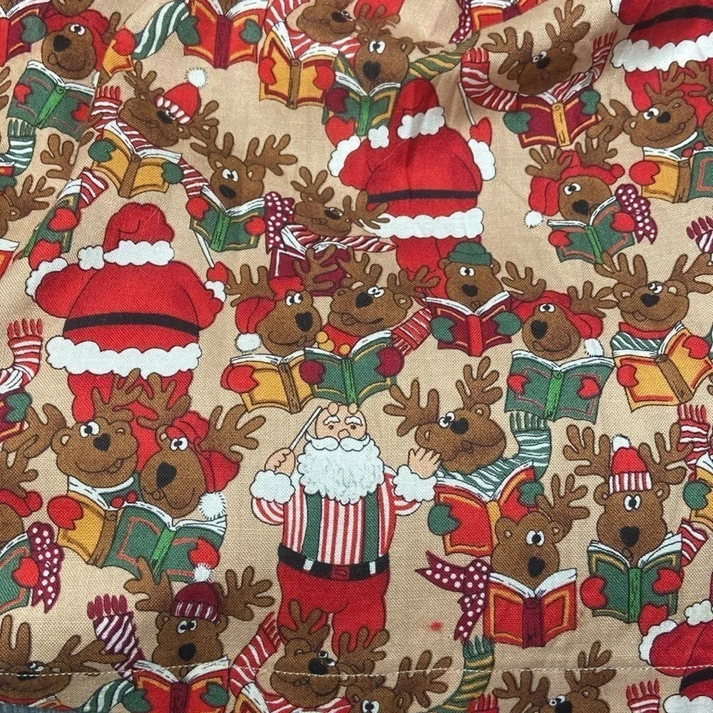 Vintage Handmade Christmas Apron Santa Reindeer Print Tie Back Red Green